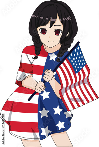 Anime Girl With American Flag Vector 4 Of July