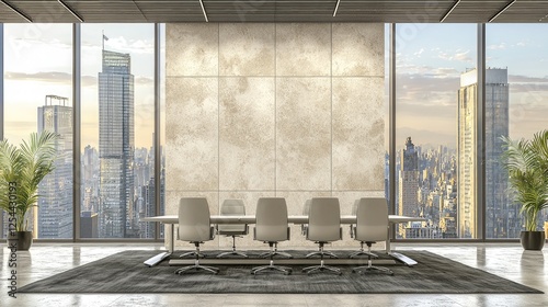 Modern conference room with panoramic city views at sunset, featuring sleek furniture and plants