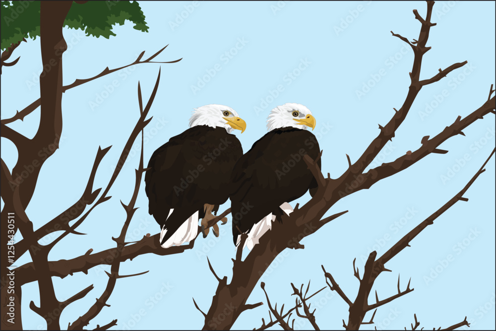 Fototapeta premium Bald Eagle Sitting On Tree Branch Wall Mural Interior Vector
