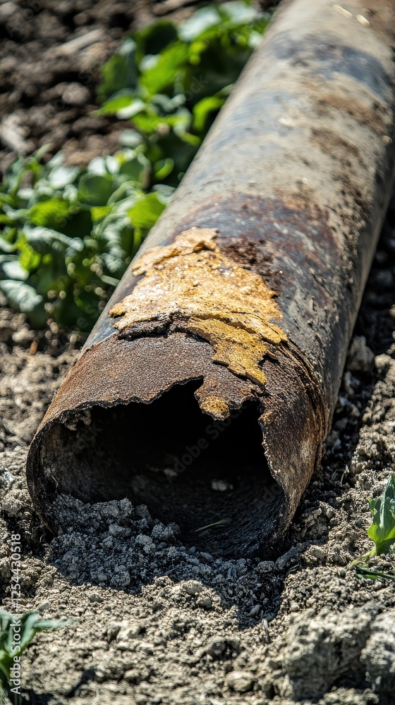 Close-up view of a broken irrigation pipe revealing damage that affects farming sustainability Close-up view of a broken irrigation pipe revealing damage that affects farming sustainability