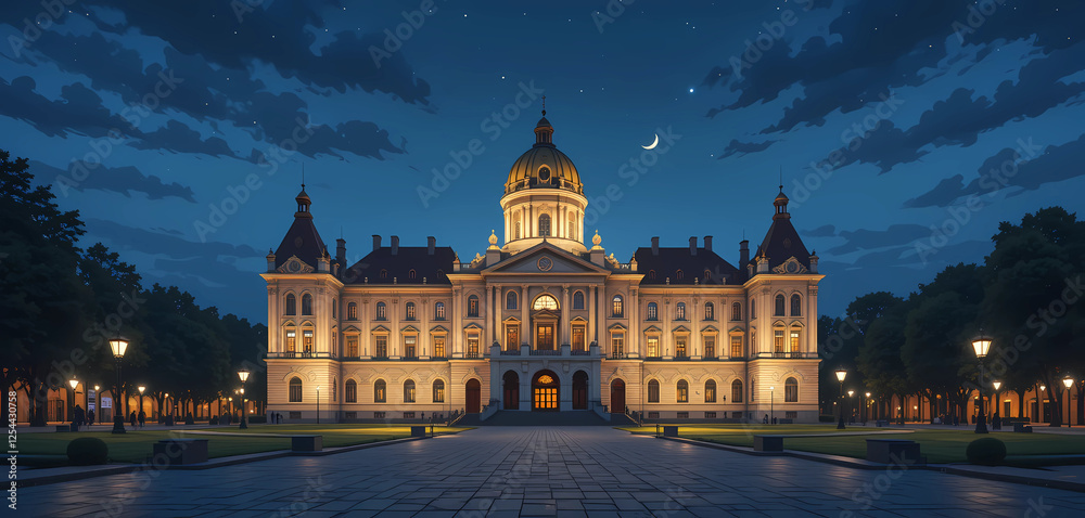 Obraz premium Illustrate the Royal Castle in Warsaw at night, with its grand facade and the surrounding square softly lit.