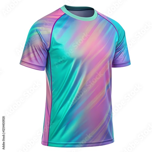 sport jersey design mockup, Holographic effect sport jersey with an iridescent gradient that shifts between teal, pink, and purple on white background