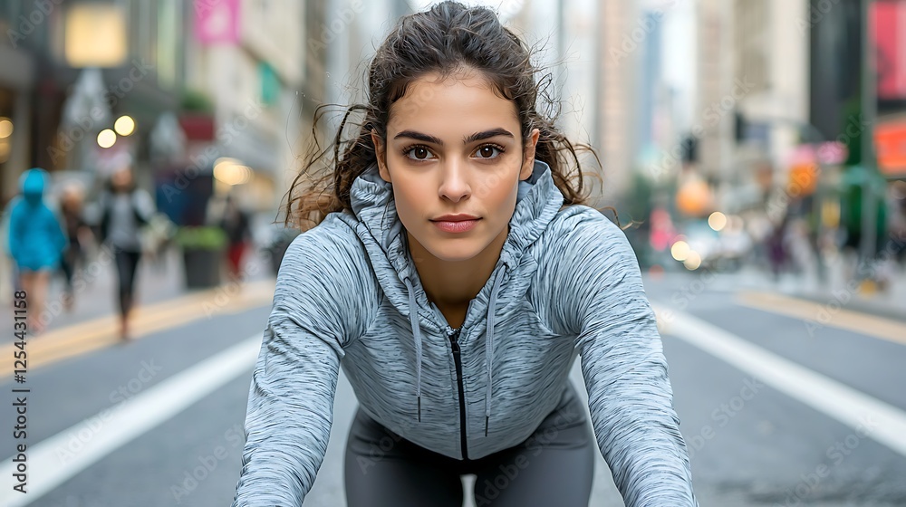 Fototapeta premium Woman stretching on city street, ready for urban run.