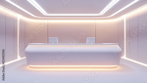 Wallpaper Mural 3D model of a sleek reception desk in a minimalist gallery, designed with soft lighting and a clean streamlined look for ads. Torontodigital.ca