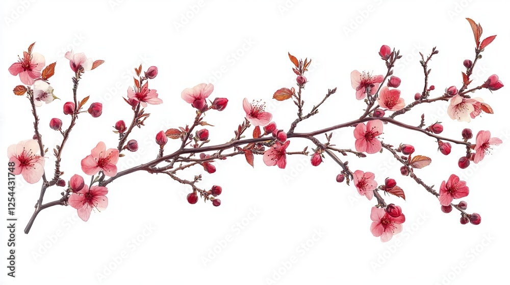 Fototapeta Delicate Branch Adorned with Vibrant Pink Flowers Blooming in a Soft Spring Breeze Surrounded by Fresh Green Foliage Creating a Tranquil and Lush Natural Setting in Full Bloom
