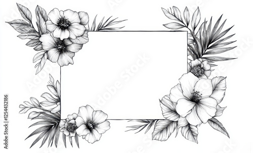 Hand drawn tropical floral frame featuring exotic flowers and leaves, perfect for invitations or decorative purposes. intricate design adds touch of elegance and nature