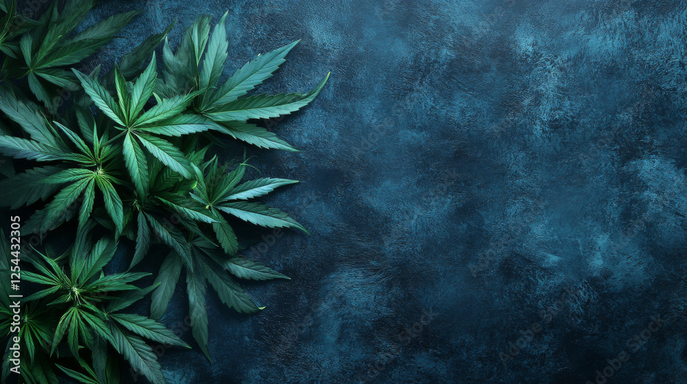 Fototapeta premium Cannabis leaves background. Green leaves of marijuana on dark blue background, top view, copy space