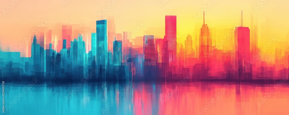 Obraz premium Vibrant city skyline reflection at sunset with colorful hues.