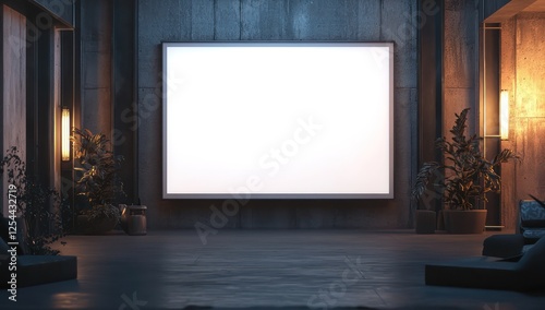 Elegant gallery space with a white screen, modern minimalistic design, and soft lighting, perfect for professional office advertisements.