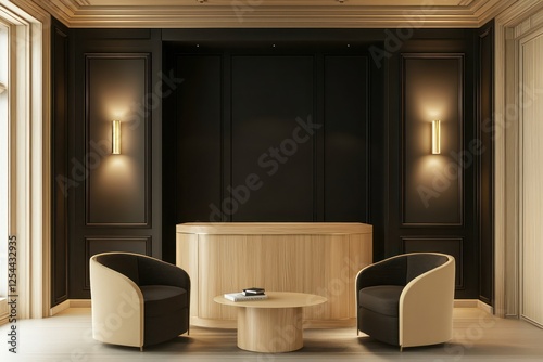Fototapeta Naklejka Na Ścianę i Meble -  Chic office design with dark walls, light wood accents, and soft lighting, ideal for luxury office ads.