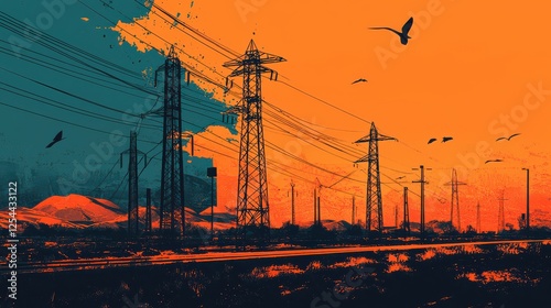 Vibrant sunset over power lines and birds in the sky.