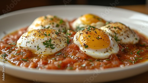 A delicious plate of poached eggs served atop a rich tomato sauce, garnished with herbs for a flavorful breakfast or brunch option