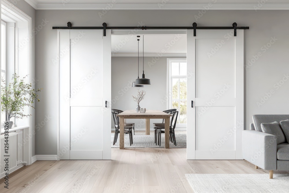 Fototapeta premium Spacious Scandinavian living and dining area featuring sliding doors, soft lighting, and a clean minimalist design for modern home interiors.