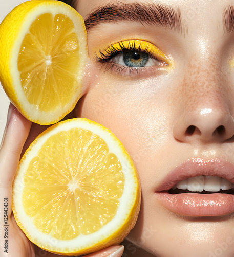 Radiant beauty, A close-up portrait featuring a woman with vibrant yellow eyeshadow and fresh lemons accentuating her flawless complexion