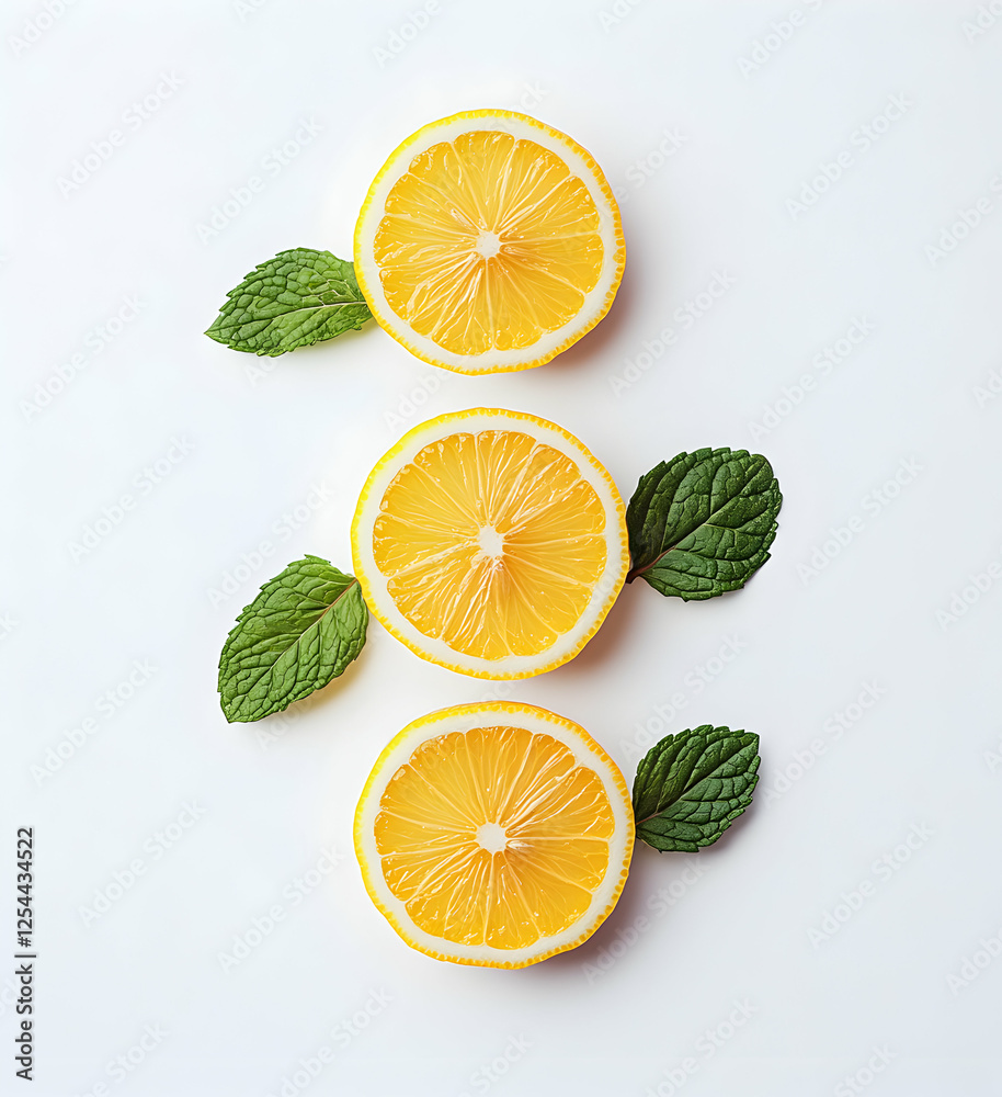 Refreshing Citrus Symphony, A Harmonious Arrangement of Lemon Slices and Vibrant Green Mint Leaves Against a Clean White Backdrop Refreshing Citrus Symphony, A Harmonious Arrangement of Lemon Slices and Vibrant Green Mint Leaves Against a Clean White Backdrop