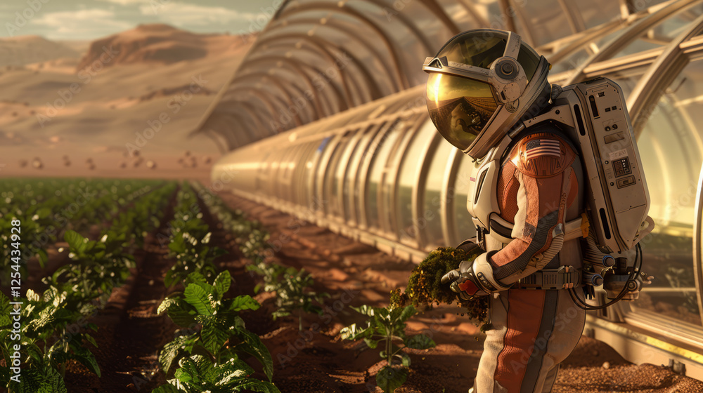 A lone astronaut tends a Martian garden: A solitary astronaut in a futuristic spacesuit walks through a transparent biodome on Mars. The astronaut is carefully tending rows of green plants. A lone astronaut tends a Martian garden: A solitary astronaut in a futuristic spacesuit walks through a transparent biodome on Mars. The astronaut is carefully tending rows of green plants.