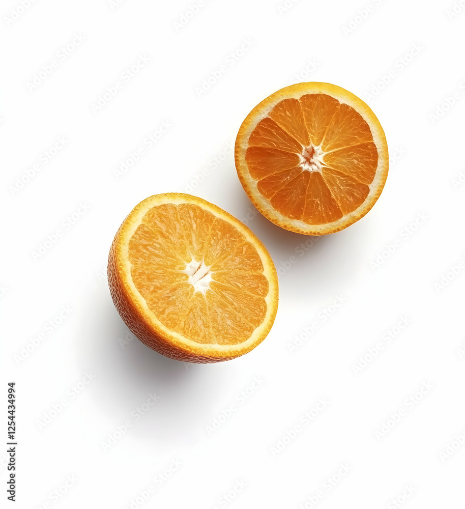 Fototapeta premium Vibrant halved oranges showcasing juicy segments on a stark white backdrop, perfect for health, wellness and refreshing citrus fruit imagery