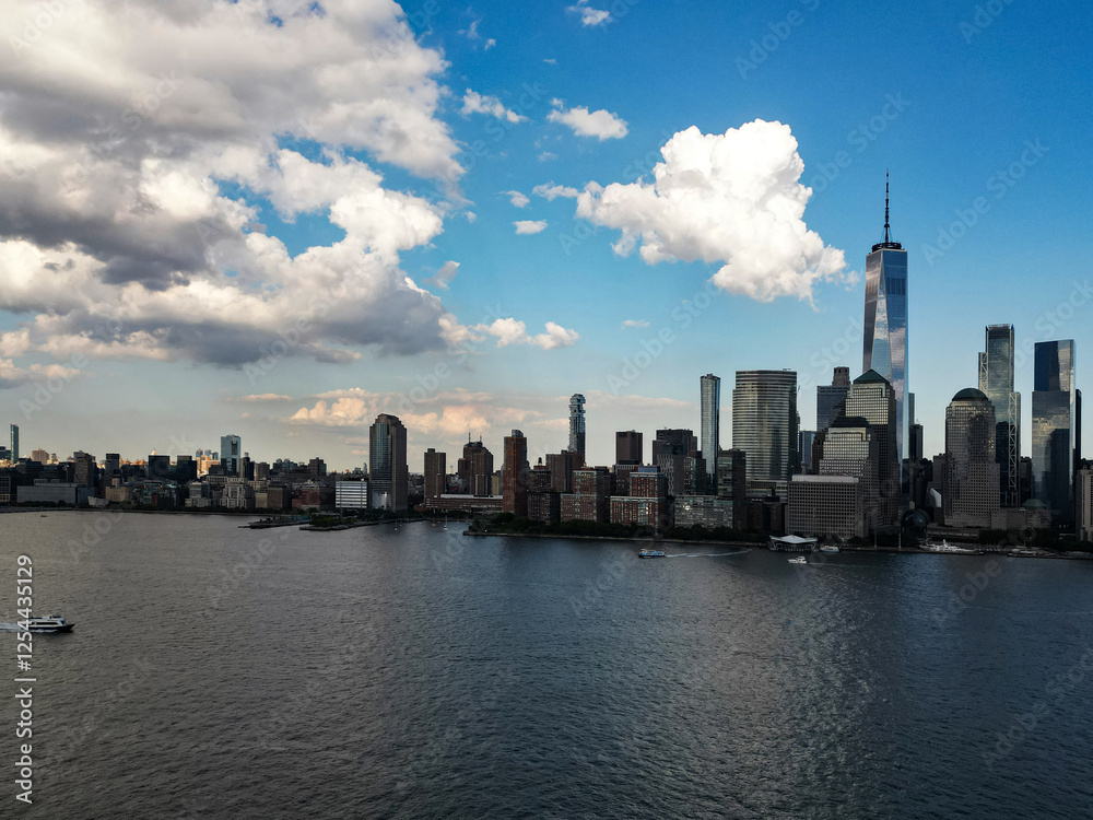 Obraz premium NYC aerial view. New York City skyline, cityscape of Manhattan in USA. New York City NYC Manhattan Downtown Skyline, viewed from Jersey City, New Jersey, USA.