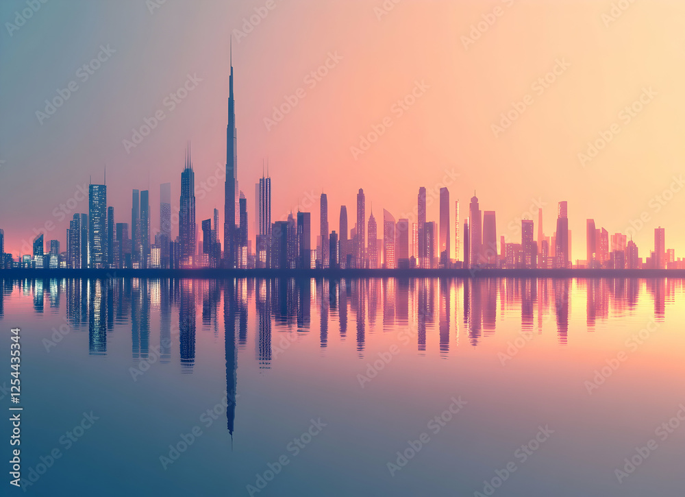 Obraz premium Serene Metropolis, A Silhouette of Urban Majesty Reflected in Calm Waters at Dusk, Capturing the Essence of Modern Cityscape and Tranquil Reflection