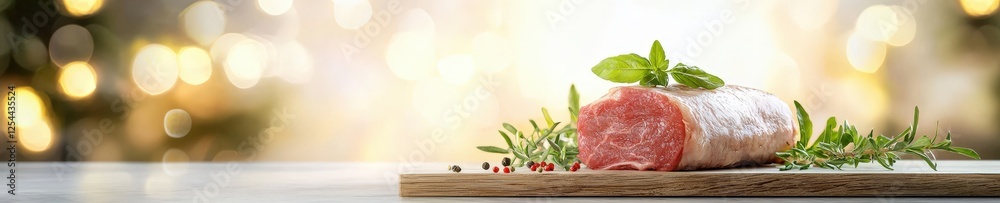 Fresh Meat on Wooden Board with Herbs and Bokeh Background Fresh Meat on Wooden Board with Herbs and Bokeh Background
