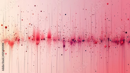 Abstract wave pattern in shades of red and pink with scattered dots, evoking sound and movement