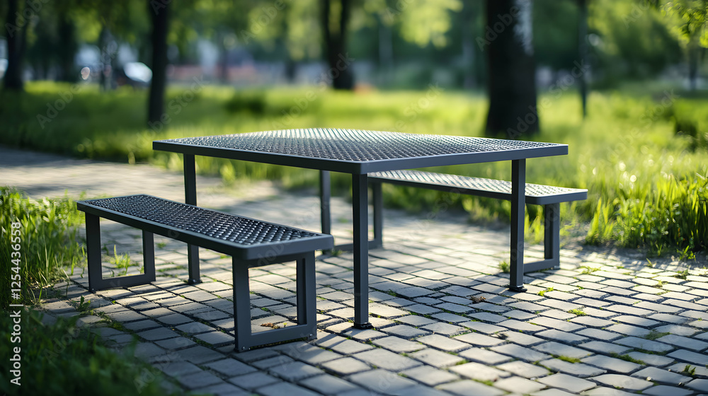 Serene picnic spot, Metal table and benches nestled in a park setting with dappled sunlight filtering through green trees creating a peaceful scene Serene picnic spot, Metal table and benches nestled in a park setting with dappled sunlight filtering through green trees creating a peaceful scene