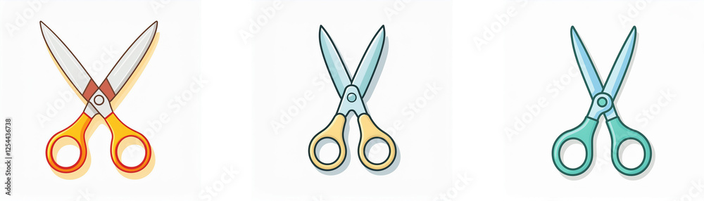 Three pairs of scissors are displayed in a horizontal line, each having a different handle color: orange, light yellow, and light green, with silver blades. Three pairs of scissors are displayed in a horizontal line, each having a different handle color: orange, light yellow, and light green, with silver blades.