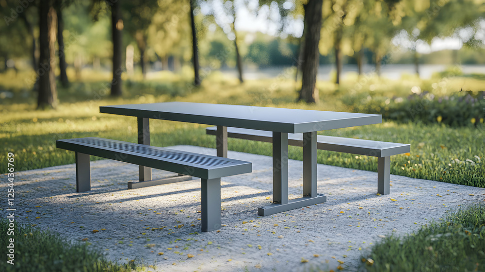 Serene park picnic scene featuring a contemporary metal picnic table and benches, idyllic setting with trees and soft lighting for outdoor relaxation Serene park picnic scene featuring a contemporary metal picnic table and benches, idyllic setting with trees and soft lighting for outdoor relaxation