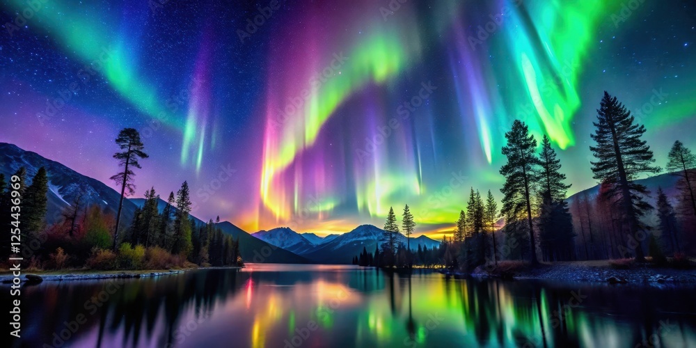 Fototapeta premium Aurora borealis display with vibrant colors in the night sky, surrounded by trees and mountains, evoking an otherworldly atmosphere , forest, northern lights
