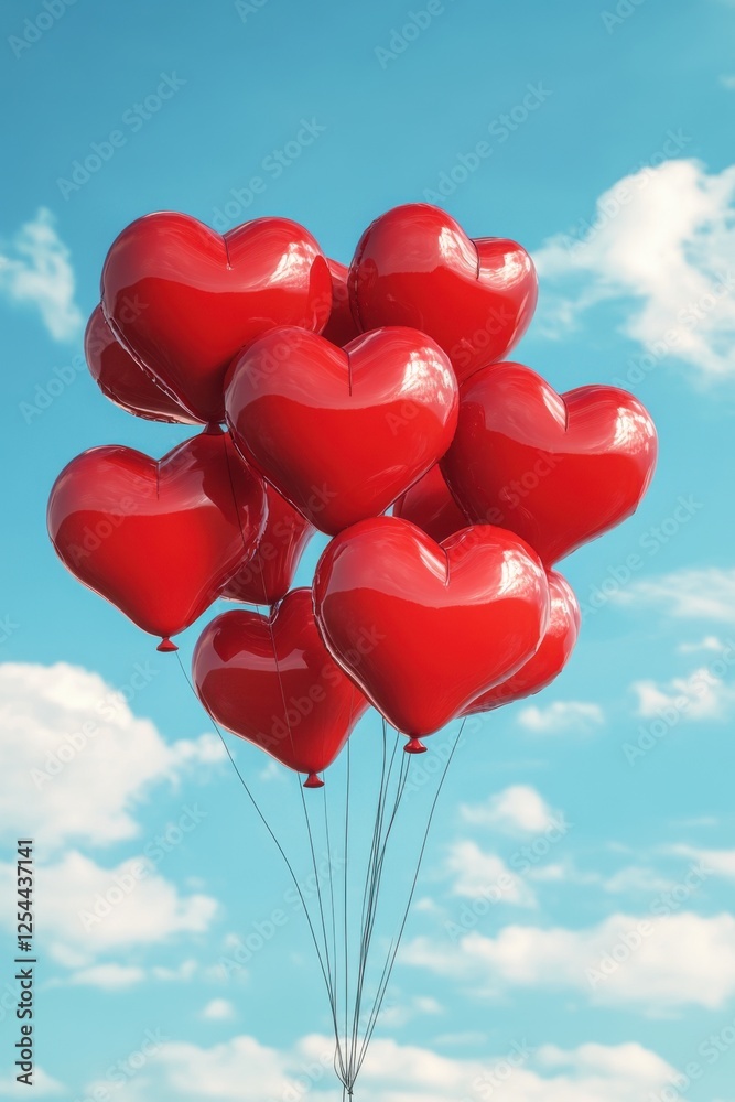 Red Heart Balloons Floating in a Blue Sky Red Heart Balloons Floating in a Blue Sky
