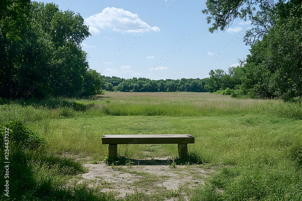 A moment of serenity, Wooden bench nestled in verdant meadow, framed by lush trees under a tranquil sky, inviting peaceful contemplation A moment of serenity, Wooden bench nestled in verdant meadow, framed by lush trees under a tranquil sky, inviting peaceful contemplation