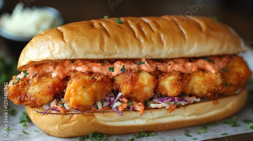 A delicious sandwich featuring crunchy fried shrimp on a soft sub roll, topped with vibrant slaw and a savory sauce. Perfect for seafood lovers and culinary enthusiasts alike. photo