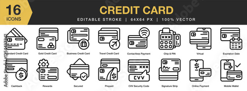 Credit Cards icon set. Editable Stroke Icon Collection. Includes card, banking, payment, credit, finance, and More. Outline icons vector collection.