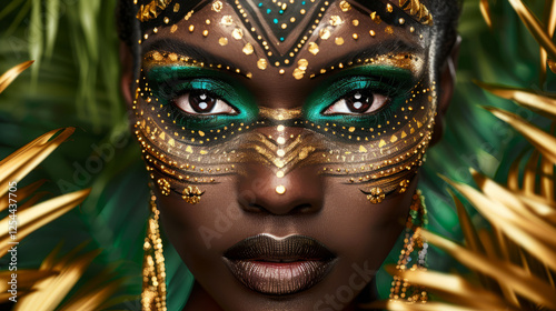 Fototapeta Naklejka Na Ścianę i Meble -  Golden Goddess:  A woman with a stunning black complexion and intricate gold and green makeup, framed by lush greenery, commands attention with her captivating gaze.  