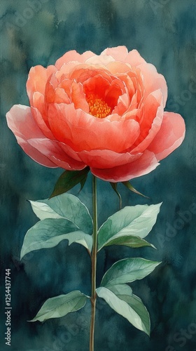 Vibrant coral peony flower blooming against a soft, blurred green background, showcasing nature's beauty