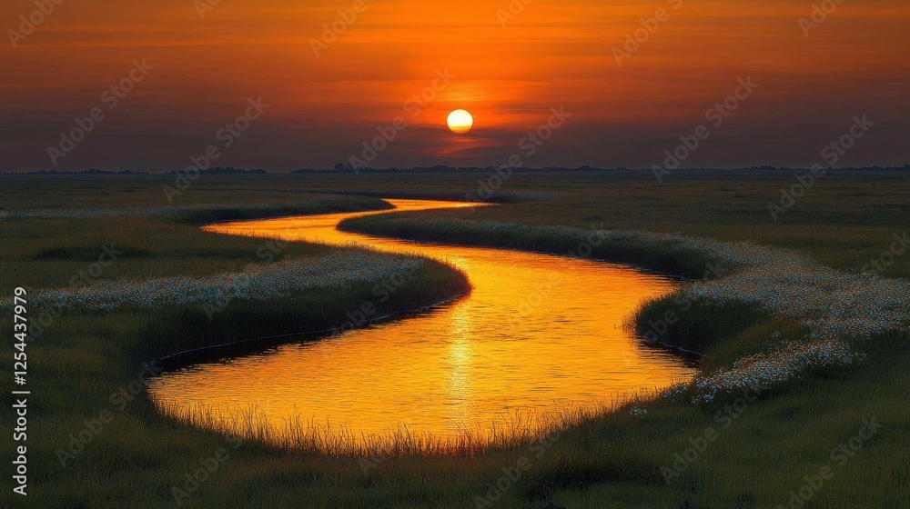 Golden River Winding Through Meadow At Sunset Golden River Winding Through Meadow At Sunset