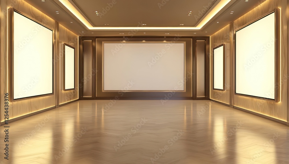 Obraz premium Modern entertainment gallery with soft lighting and blank display walls, designed for multimedia showcases and creative decor displays