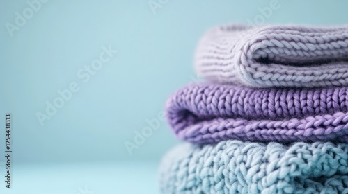 Stacked purple and blue knit sweaters, pastel background, cozy winter, lifestyle blog