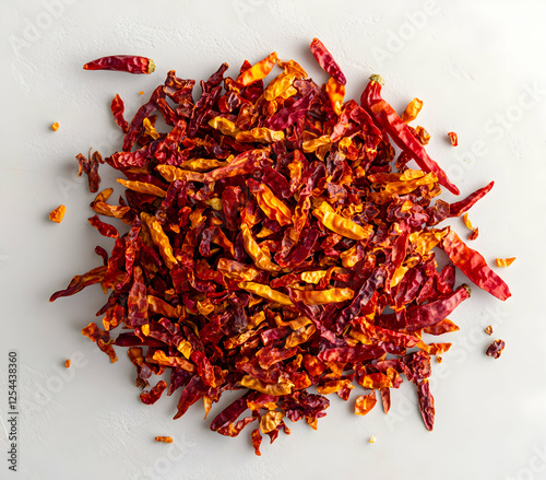 Aromatic Spices, Pile of Dried Chili Peppers Exhibiting Fiery Red and Golden Hues on a Crisp White Surface, Culinary Ingredient Still Life photo