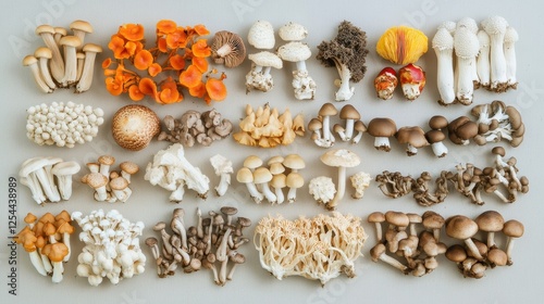 Various types of mushrooms arranged in a clean, organized manner on a neutral background photo