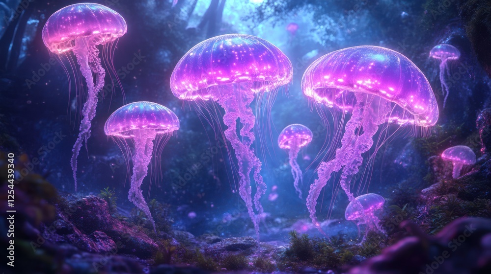 Glowing jellyfish in enchanted forest at night; fantasy art Glowing jellyfish in enchanted forest at night; fantasy art