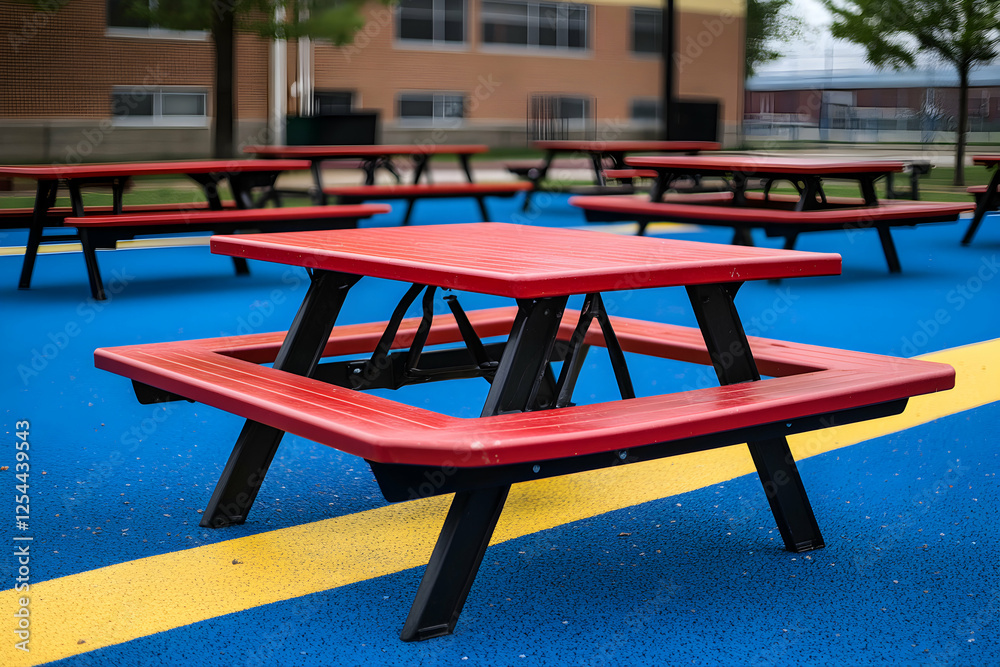 Vibrant Red Picnic Tables on a Playground Surface, A Colorful Outdoor Setting for Community Gatherings and Shared Meals Amidst Nature Vibrant Red Picnic Tables on a Playground Surface, A Colorful Outdoor Setting for Community Gatherings and Shared Meals Amidst Nature