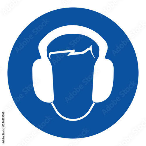 Wear Ear Protection Symbol
Wear ear protection sign. Vector illustration of circular blue sign with human head wearing headphones icon inside. Hearing protection symbol isolated on white background
