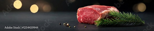 Fresh Meat Cut with Herb Decoration on Dark Background