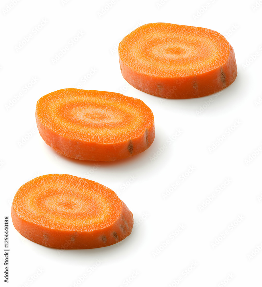 Three Vibrant Carrot Slices, A Study in Freshness, Texture, and Culinary Potential against a Pure White Backdrop for Healthy Eating Ideas Three Vibrant Carrot Slices, A Study in Freshness, Texture, and Culinary Potential against a Pure White Backdrop for Healthy Eating Ideas