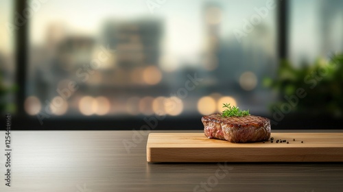 Juicy Steak on a Wooden Board with City Background