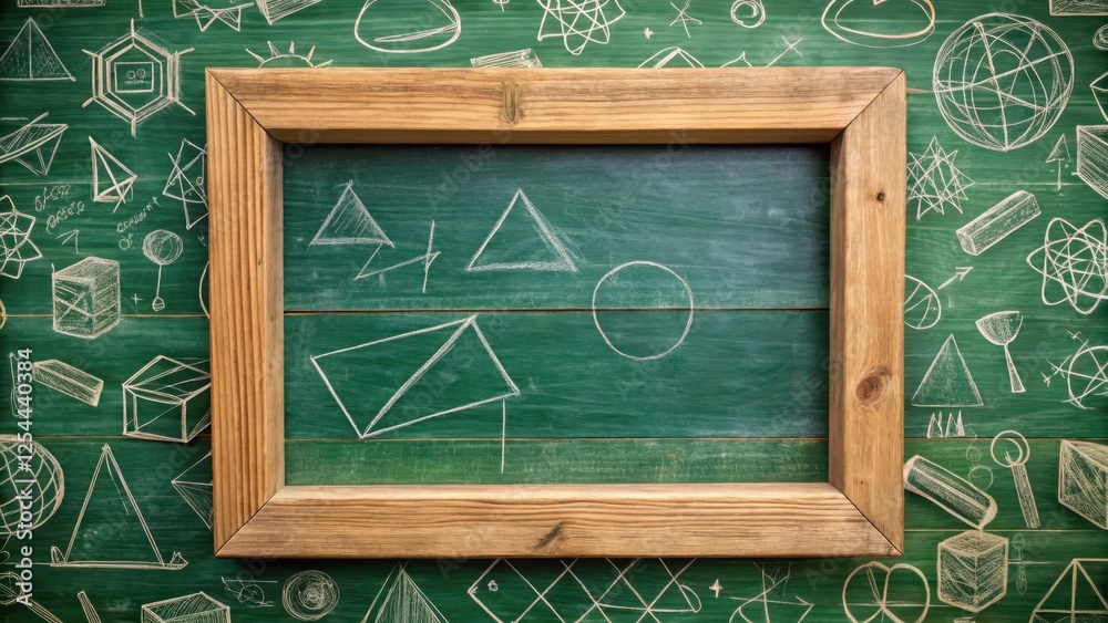 Fototapeta premium A wooden frame surrounds a green chalkboard with scribbled equations and geometric shapes, conveying a sense of intellectual exploration and creative thinking , geometry, frame