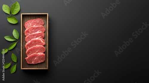 Fresh Sliced Meat on Wooden Tray with Green Leaves
