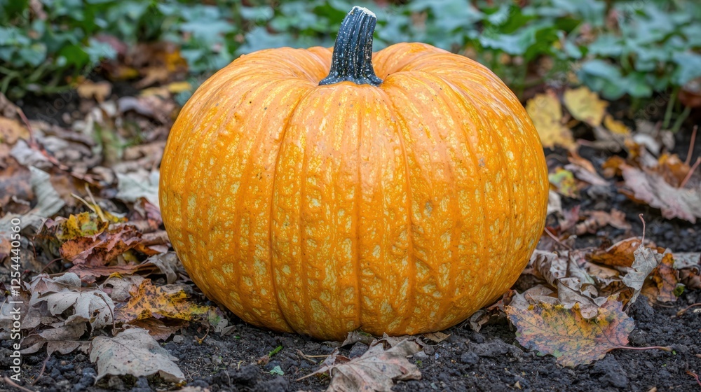 Fototapeta premium Close-up of a bright orange pumpkin with autumn leaves around it.
