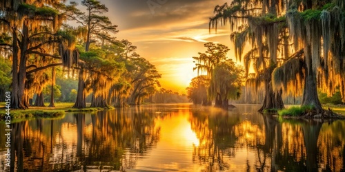 Serene bayou at sunset with cypress trees and Spanish moss illuminated by soft golden light, outdoor, wilderness